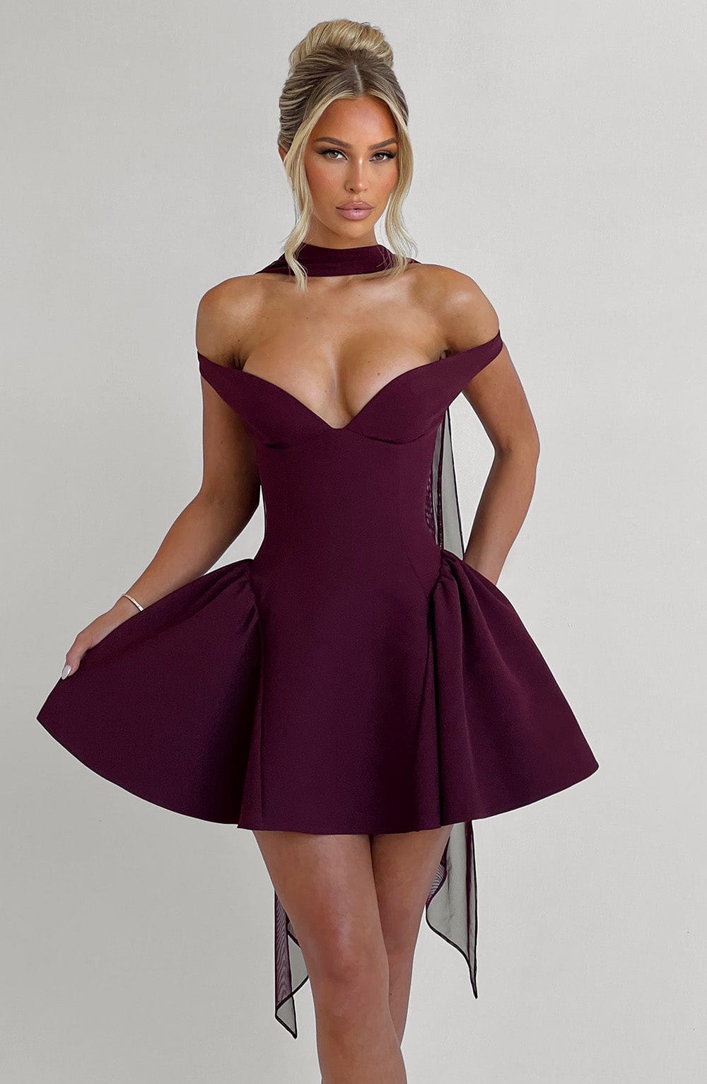 Off Shoulder Choker Neck Sweetheart Flared Skater Mini Dress 19
