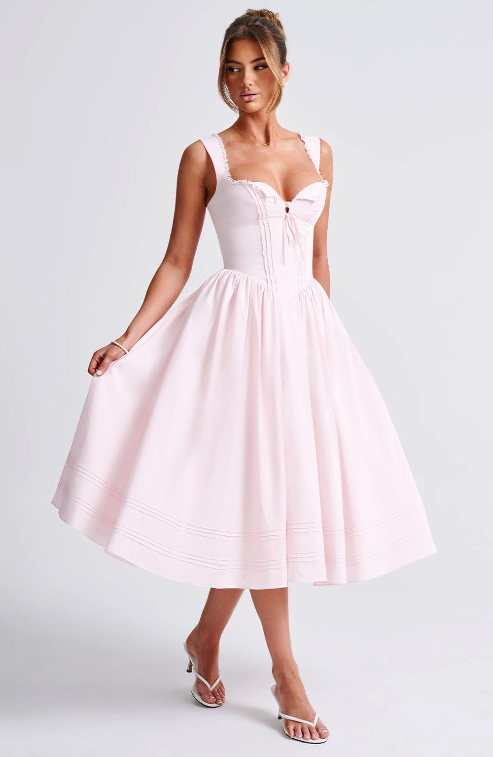 Sweetheart Corset Bodice Lace Trim Bow Pintuck Hem Midi Dress 8