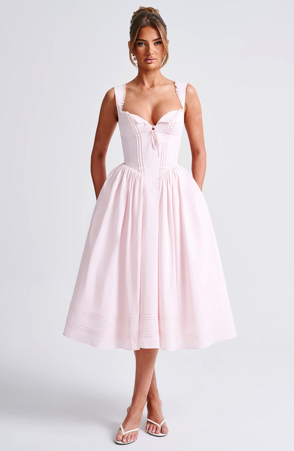 Sweetheart Corset Bodice Lace Trim Bow Pintuck Hem Midi Dress 6