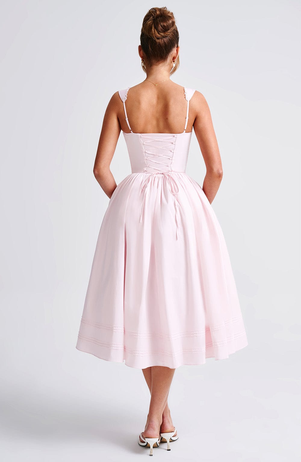 Sweetheart Corset Bodice Lace Trim Bow Pintuck Hem Midi Dress 5