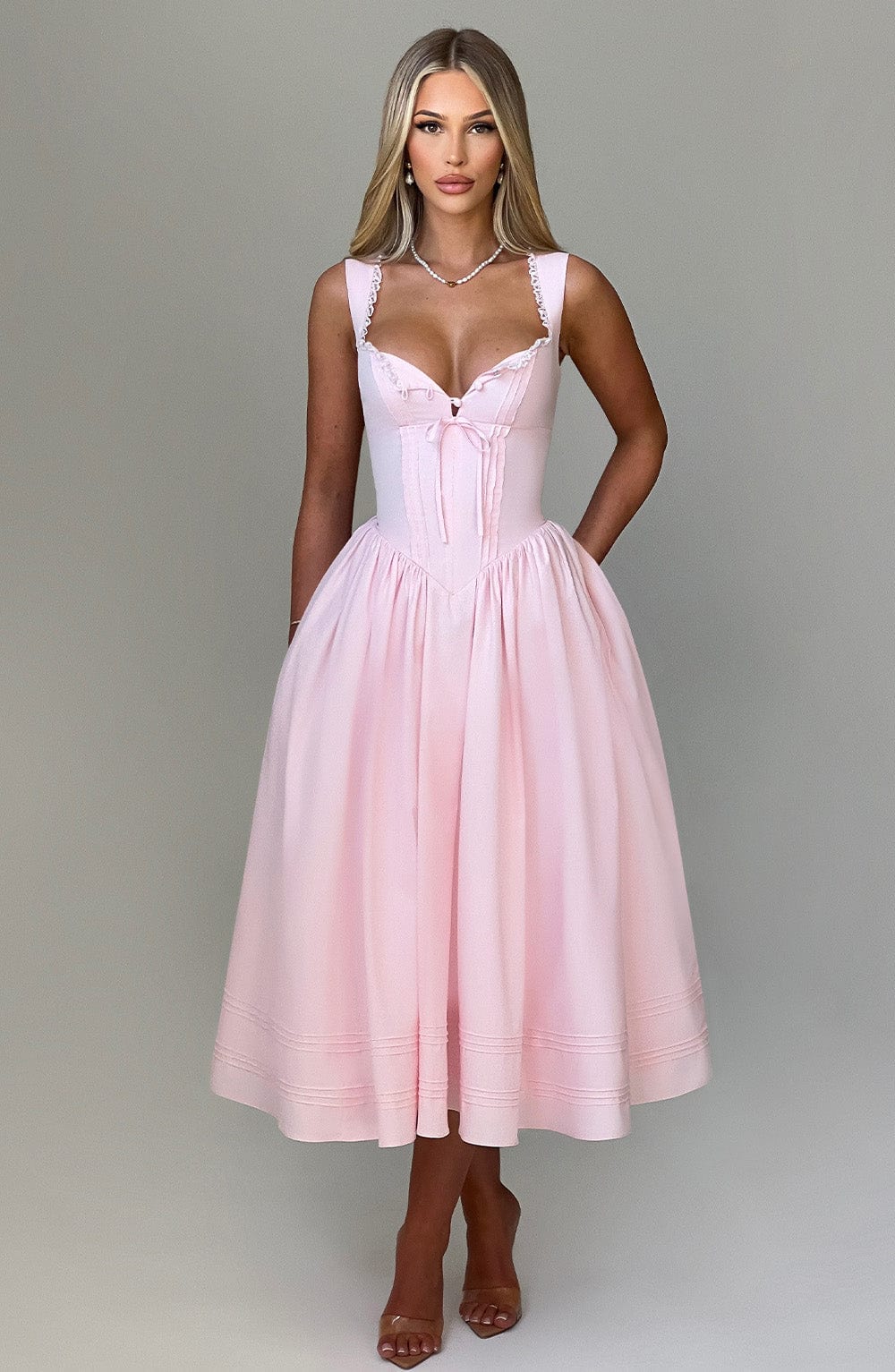 Sweetheart Corset Bodice Lace Trim Bow Pintuck Hem Midi Dress 3
