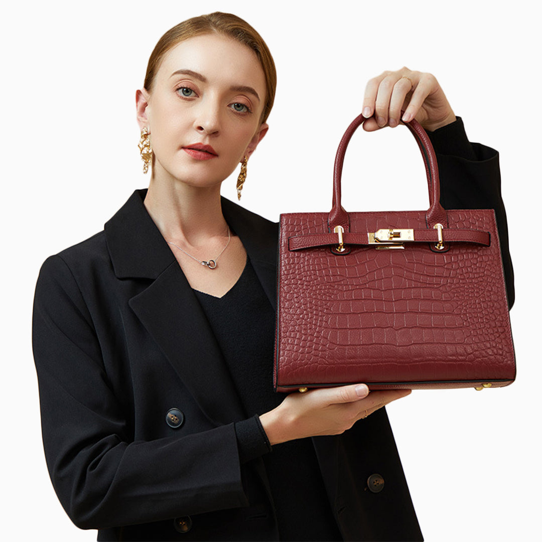 Croc Embossed Top Handle Turn Lock Structured Tote Bag