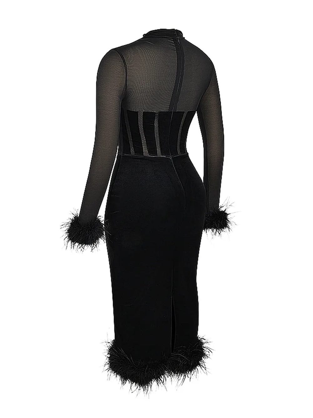 Mesh High Neck Long Sleeve Corset Feather Trim Bodycon Midi Dress