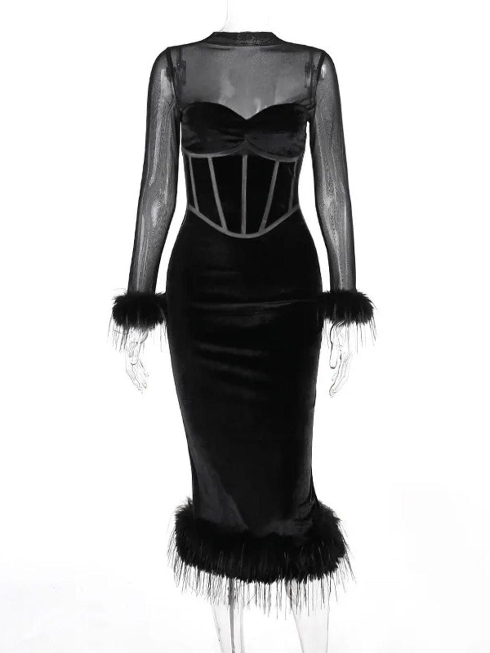 Mesh High Neck Long Sleeve Corset Feather Trim Bodycon Midi Dress