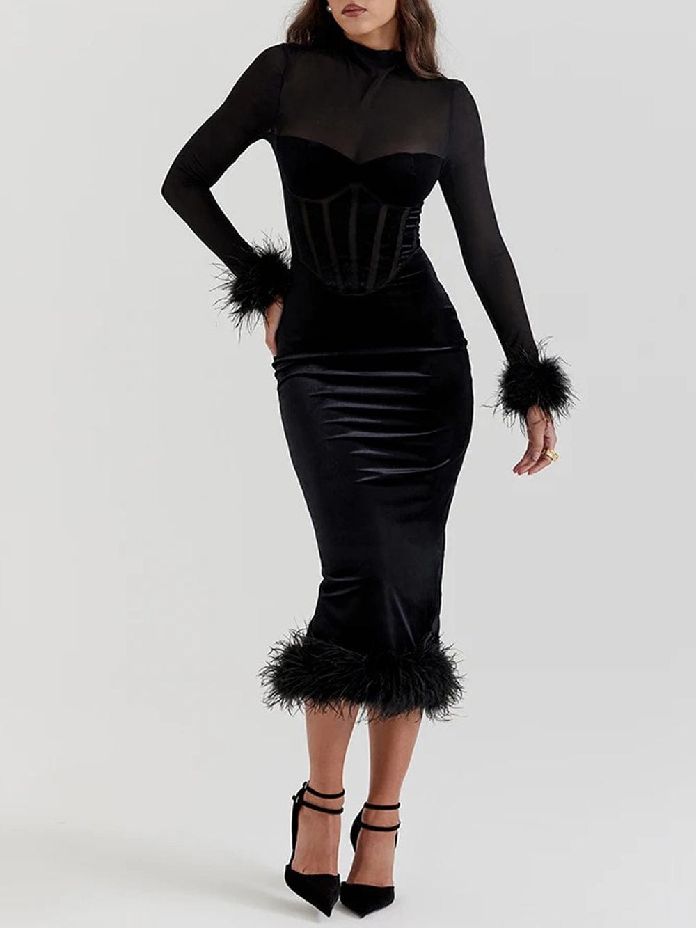 Velvet Long Sleeve Corset Feather Trim Bodycon Midi Dress