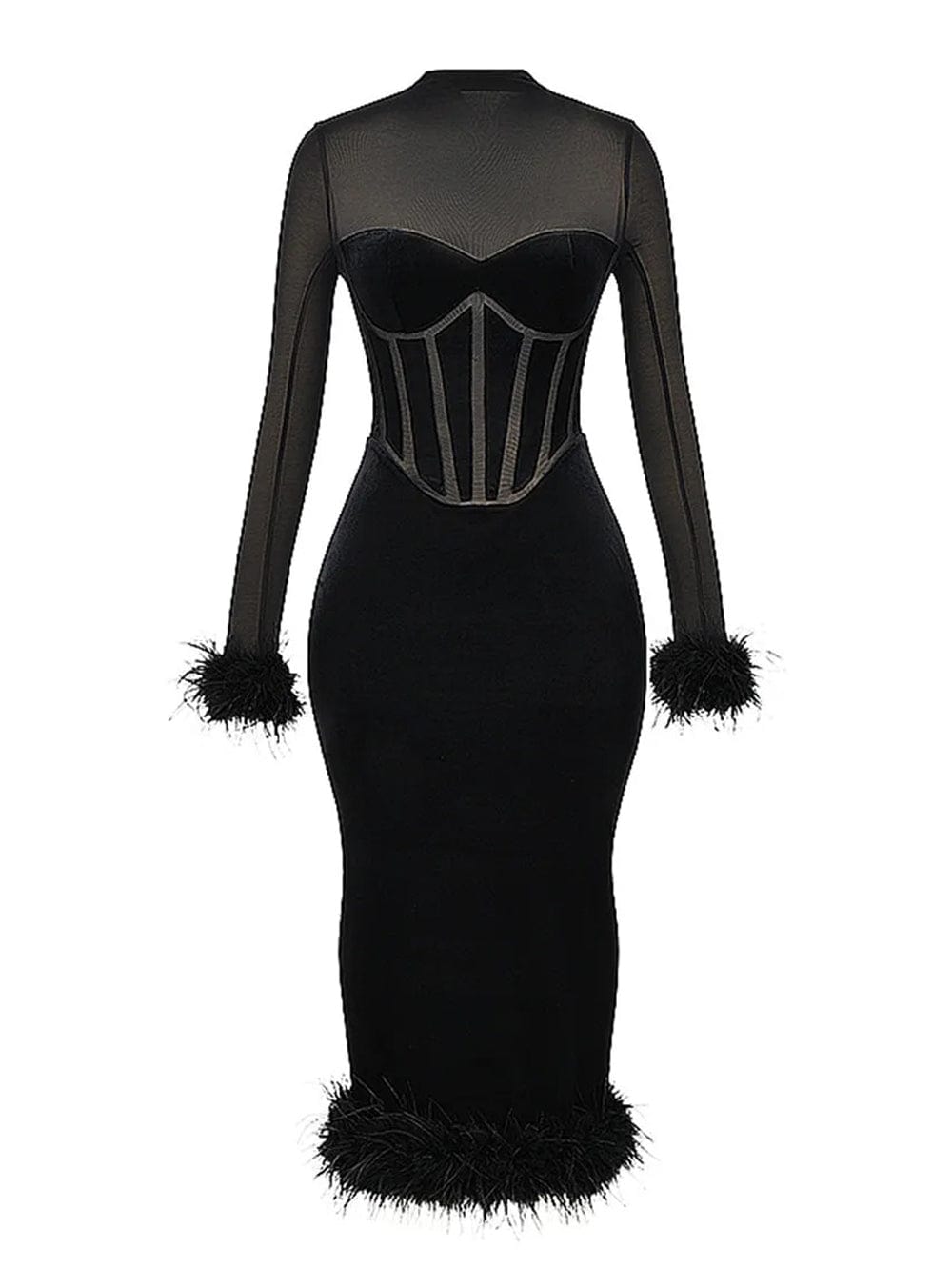 Velvet Long Sleeve Corset Feather Trim Bodycon Midi Dress