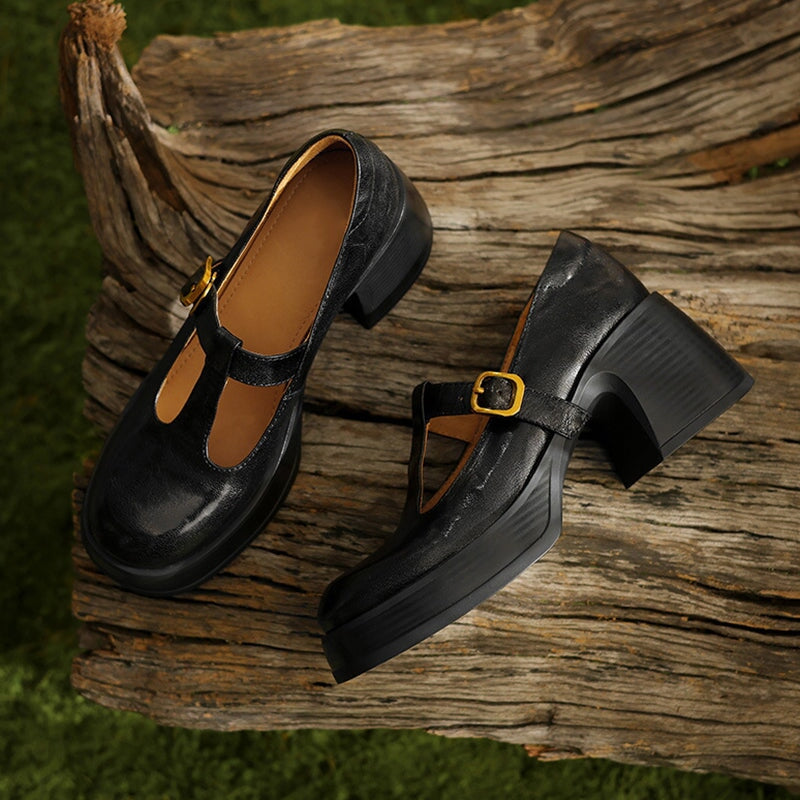 Round Toe T-Strap Platform Block Heel Mary Jane Pumps