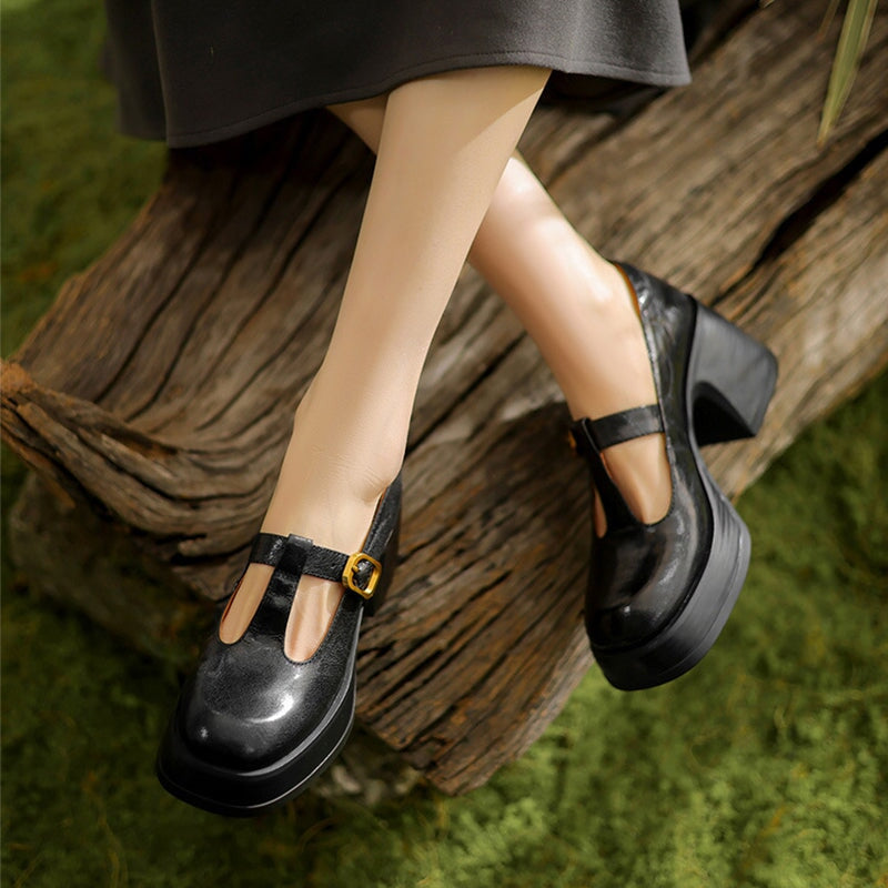 Round Toe T-Strap Platform Block Heel Mary Jane Pumps
