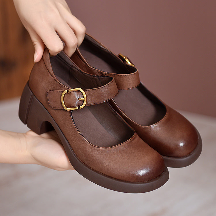 Round Toe Buckle Strap Platform Block Heel Mary Jane Pumps