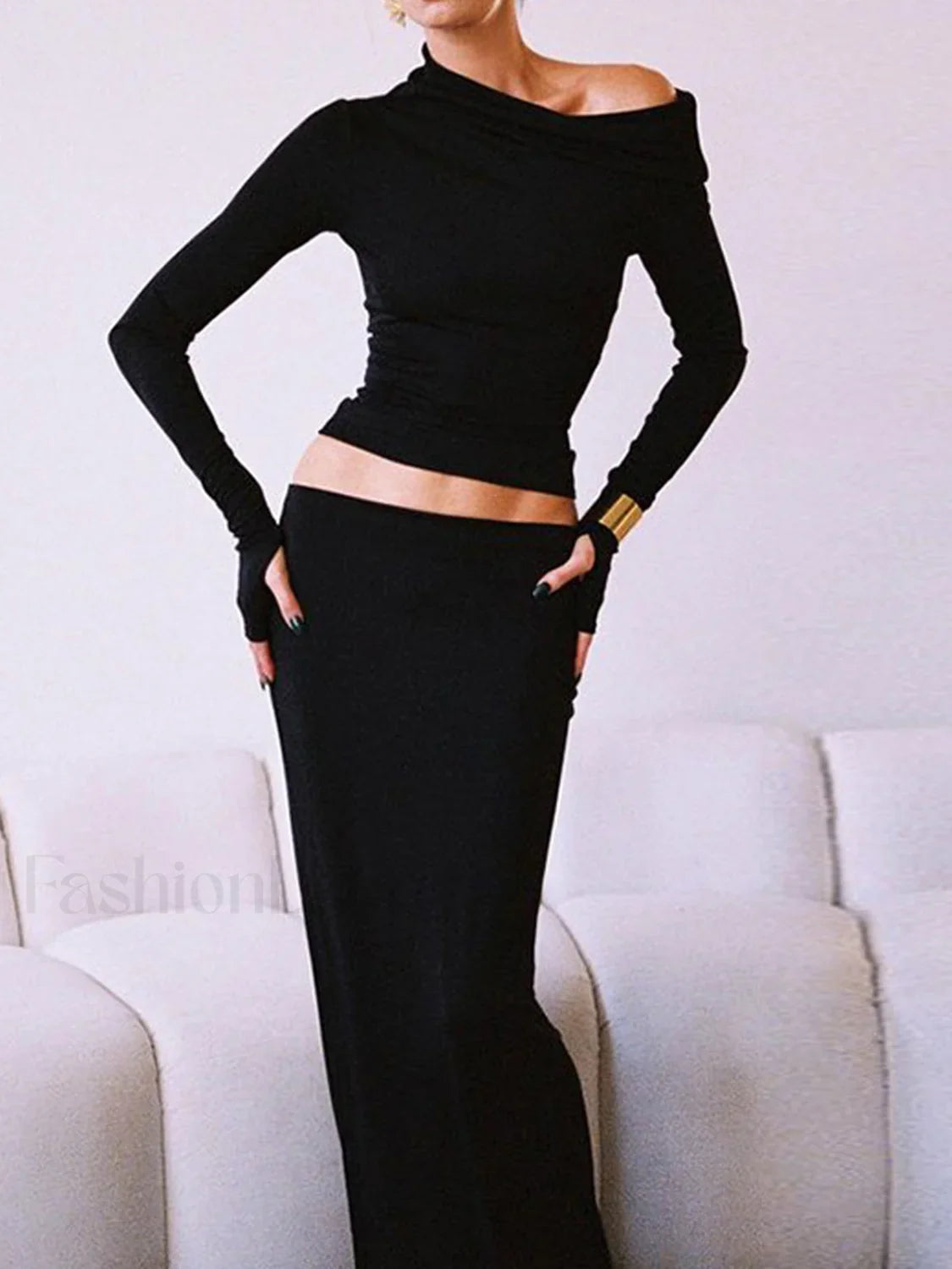 Matte Jersey One Shoulder Modern Off Maxi Skirt Set