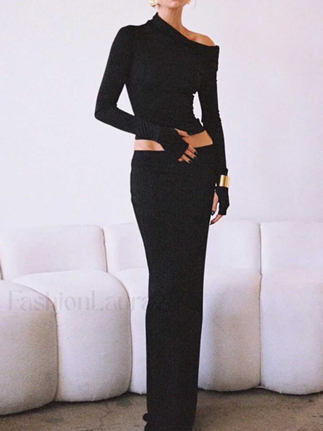 Matte Jersey One Shoulder Modern Off Maxi Skirt Set