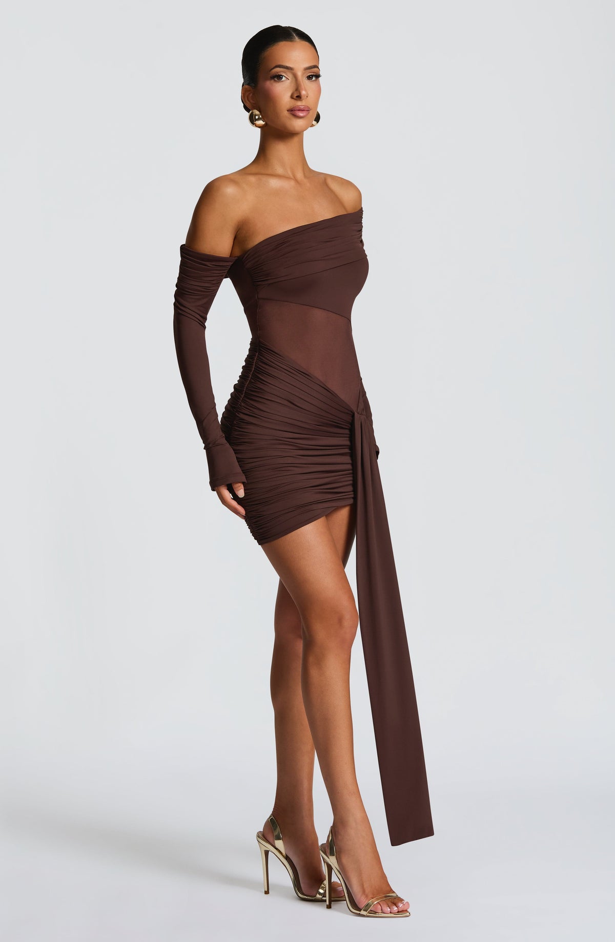 Off Shoulder Long Sleeve Sheer Panel Draped Sash Mini Dress 11