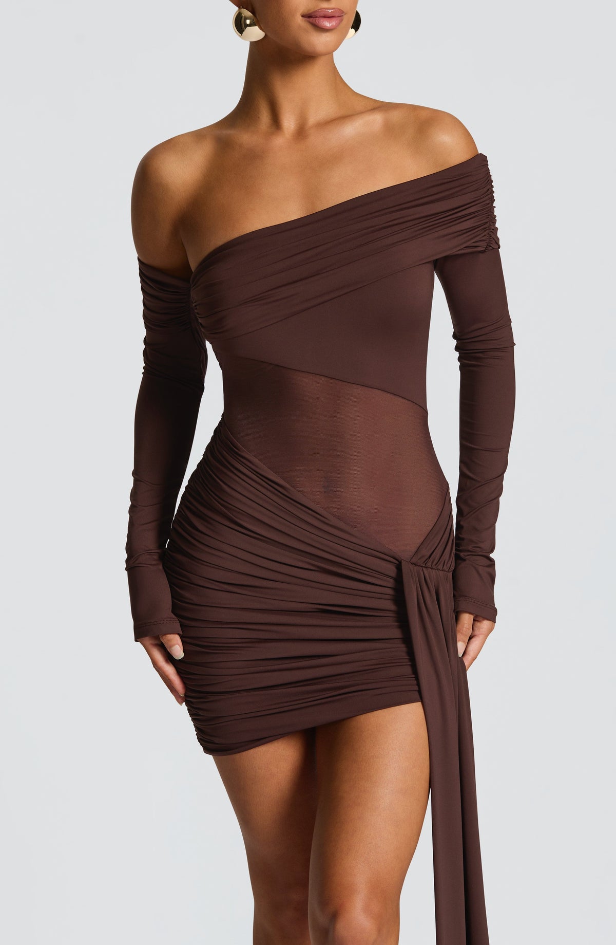 Off Shoulder Long Sleeve Sheer Panel Draped Sash Mini Dress 7