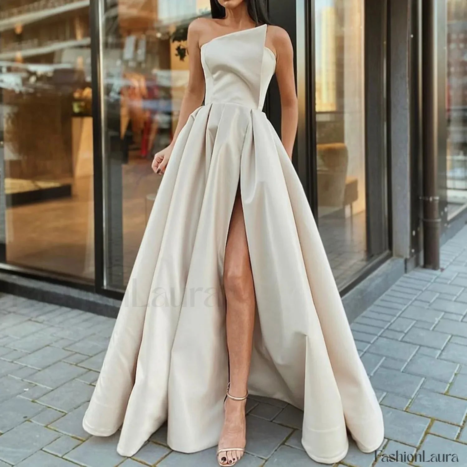 Maxi For Women Solid Color One Shoulder Sleeveless Side Slit Elegant Plus Size Curvy Prom Dress