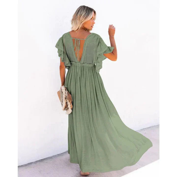 Deep V-Neck Flutter Sleeve Button Front Pocket Drawstring Waist Maxi Dress