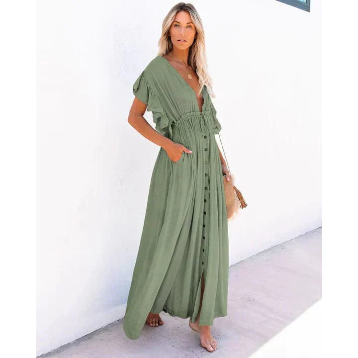 Deep V-Neck Flutter Sleeve Button Front Pocket Drawstring Waist Maxi Dress