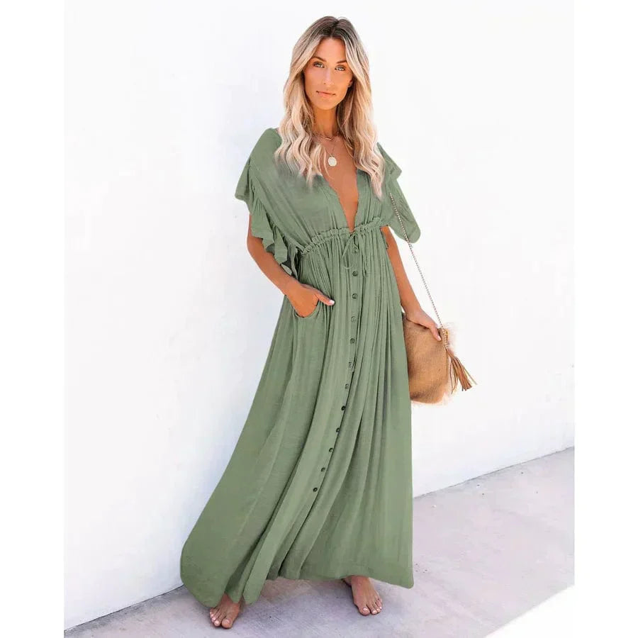 Deep V-Neck Flutter Sleeve Button Front Pocket Maxi Dress