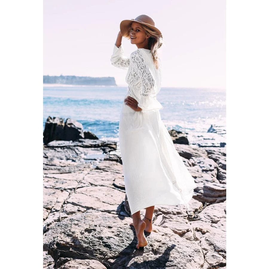 Deep V-Neck Tassel Tie Lace Trim Bell Sleeve Empire Waist Maxi Dress