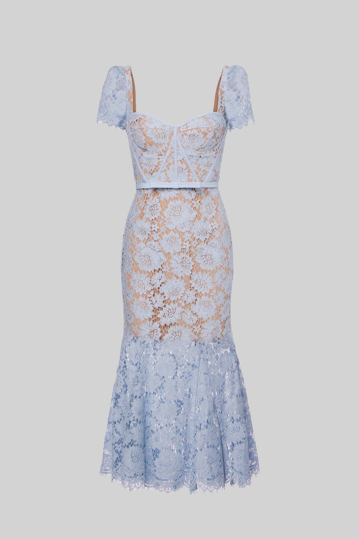 Lace Short Sleeve Sweetheart Corset Belted Trumpet Ruffle Midi Dress - View 2