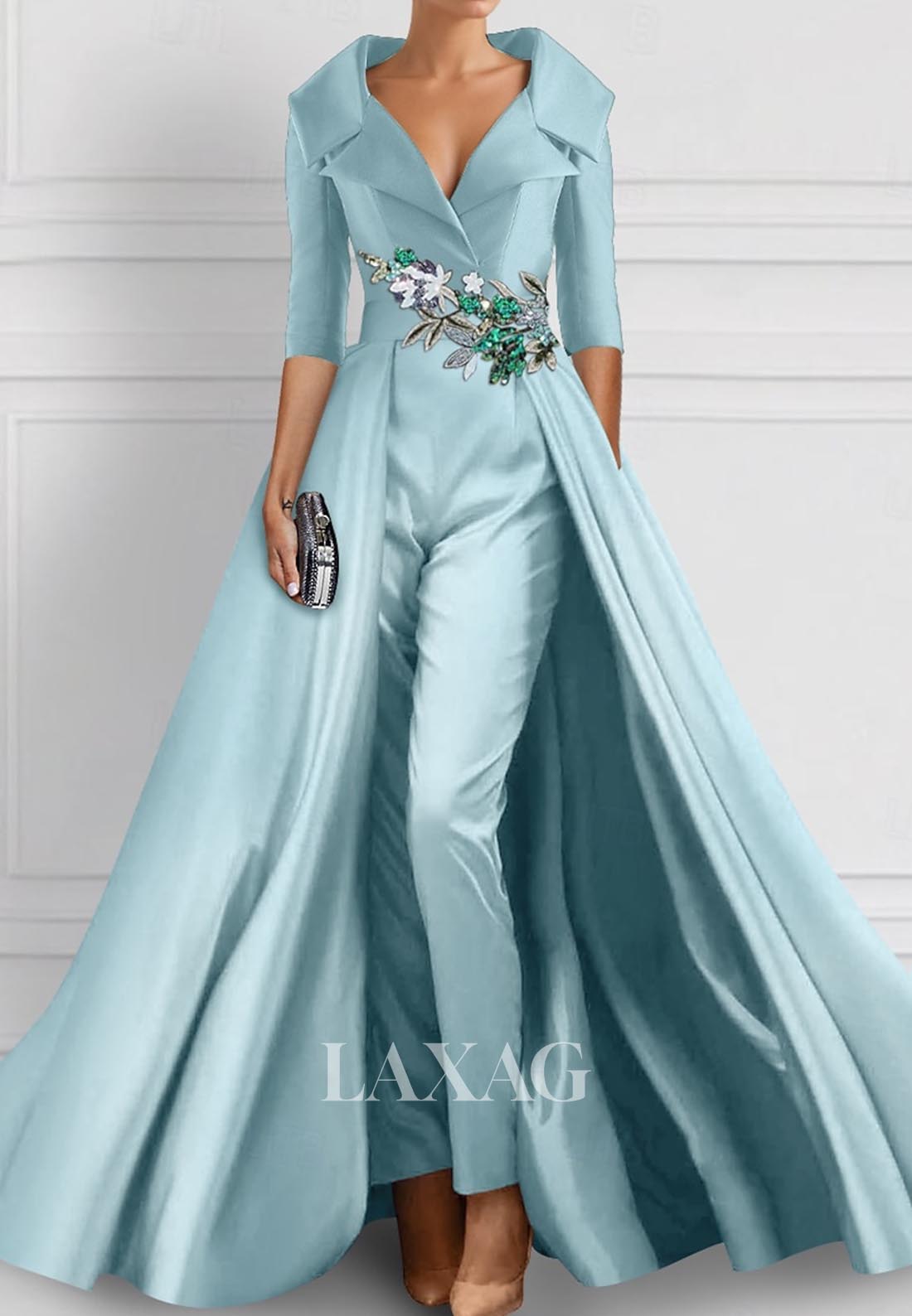 V-Neck Half-Sleeves Pleated Formal Gowns Sequined Embroidered Mermaid Wedding Guest Dress