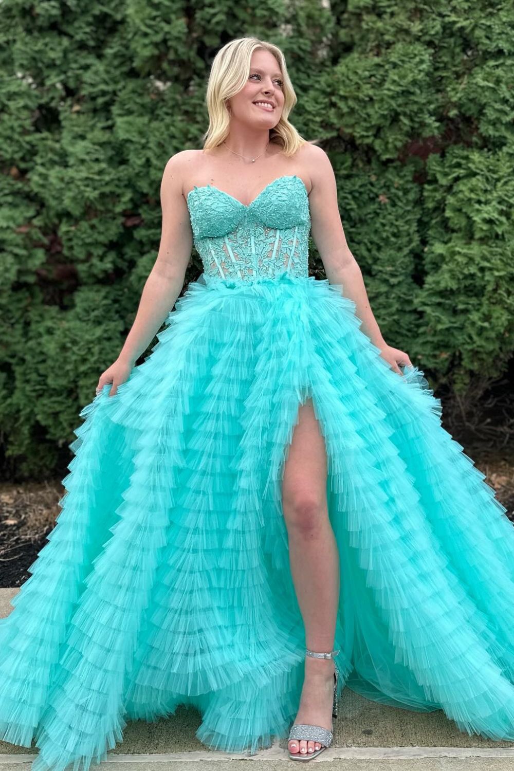 Charming A Line Sweetheart Blue Corset Prom Dress with Appliques