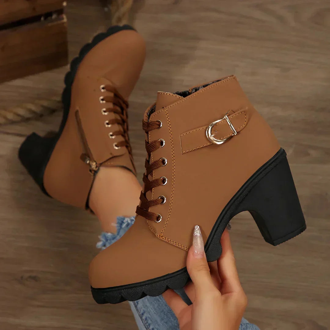 Suede Look Lace Up Buckle Platform Block Heel Ankle Boots