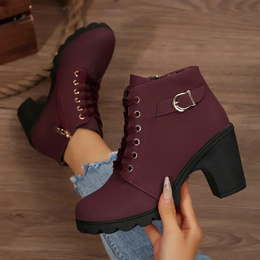 Suede Look Lace Up Buckle Platform Block Heel Ankle Boots