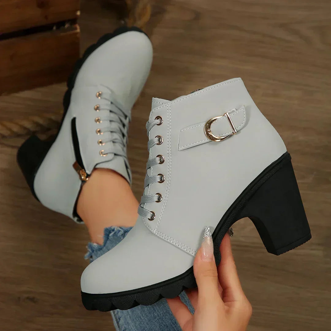 Suede Look Lace Up Buckle Platform Block Heel Ankle Boots