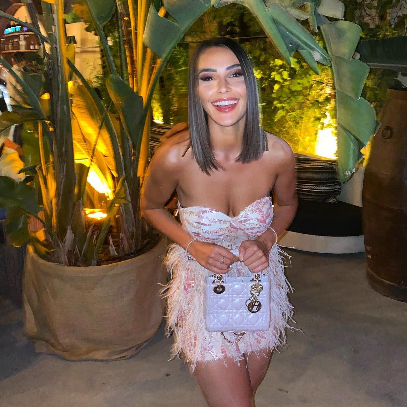 Sequin Strapless Bustier Feather Trim Mini Dress