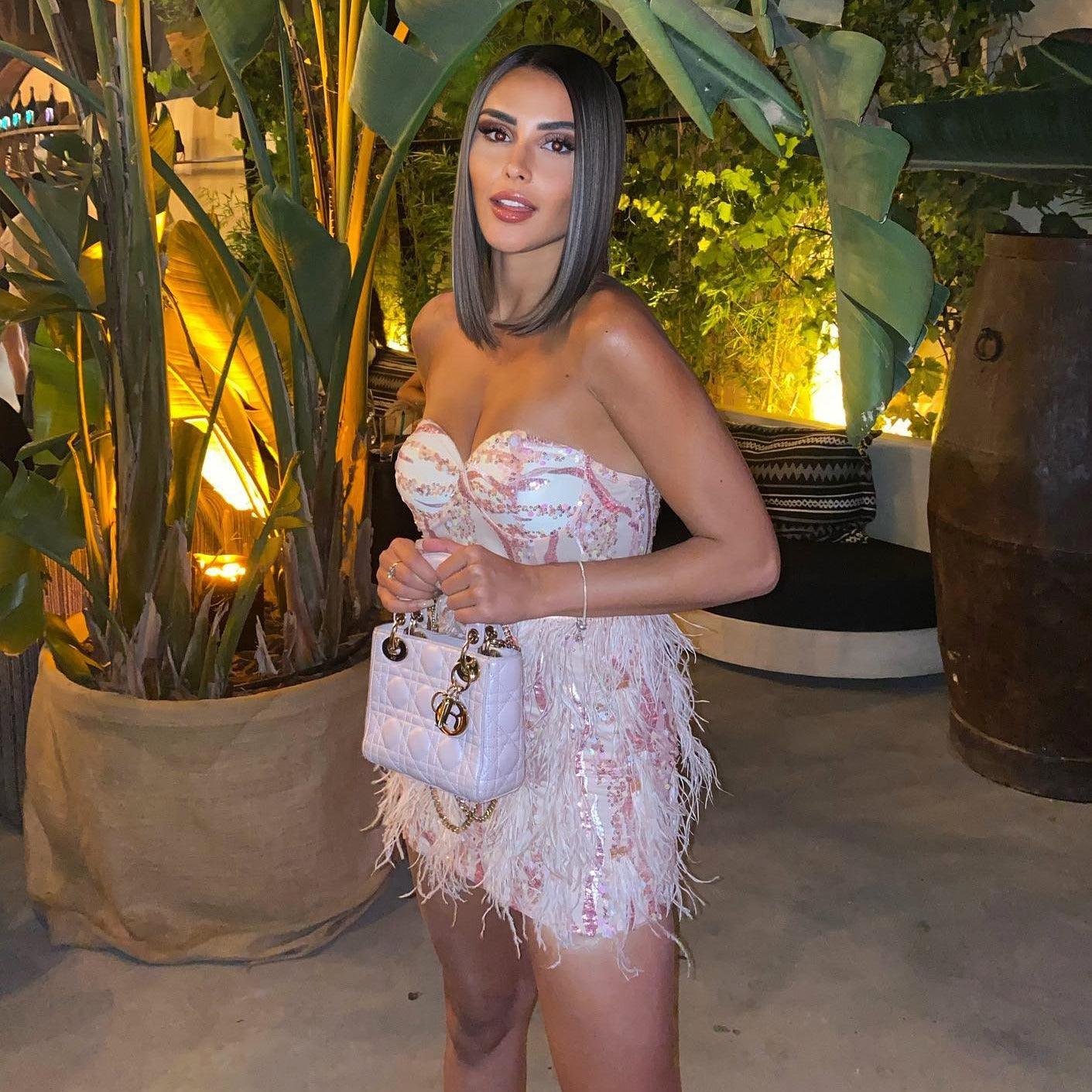 Sequin Strapless Bustier Feather Trim Mini Dress