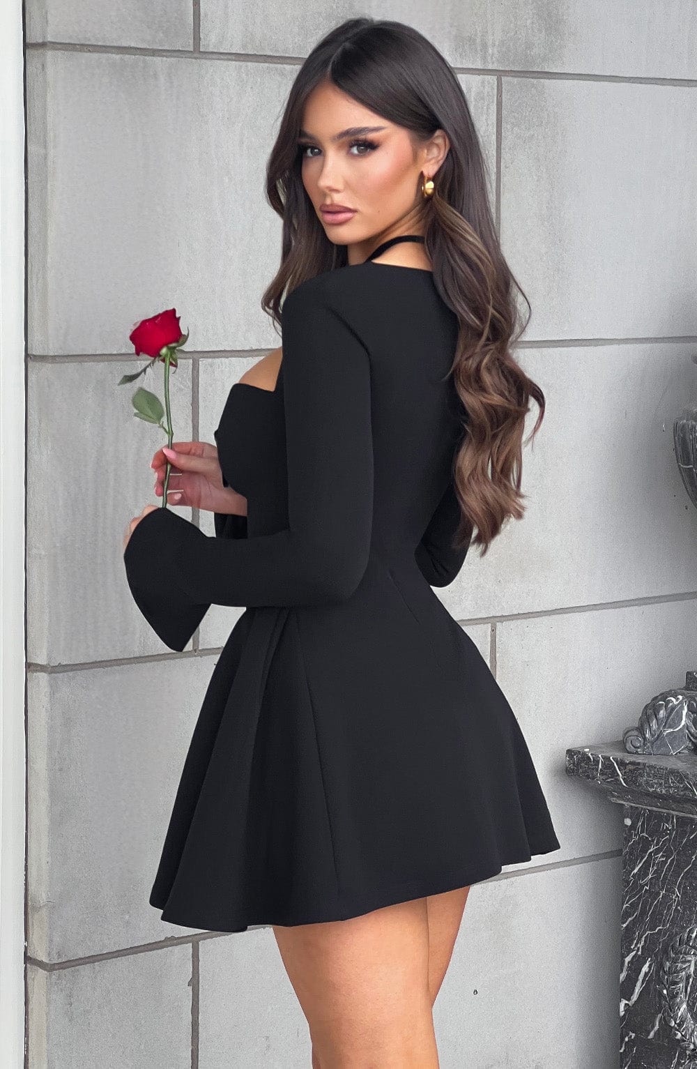 Sweetheart Neck Long Sleeve Tie Front Corset Waist Skater Mini Dress 5