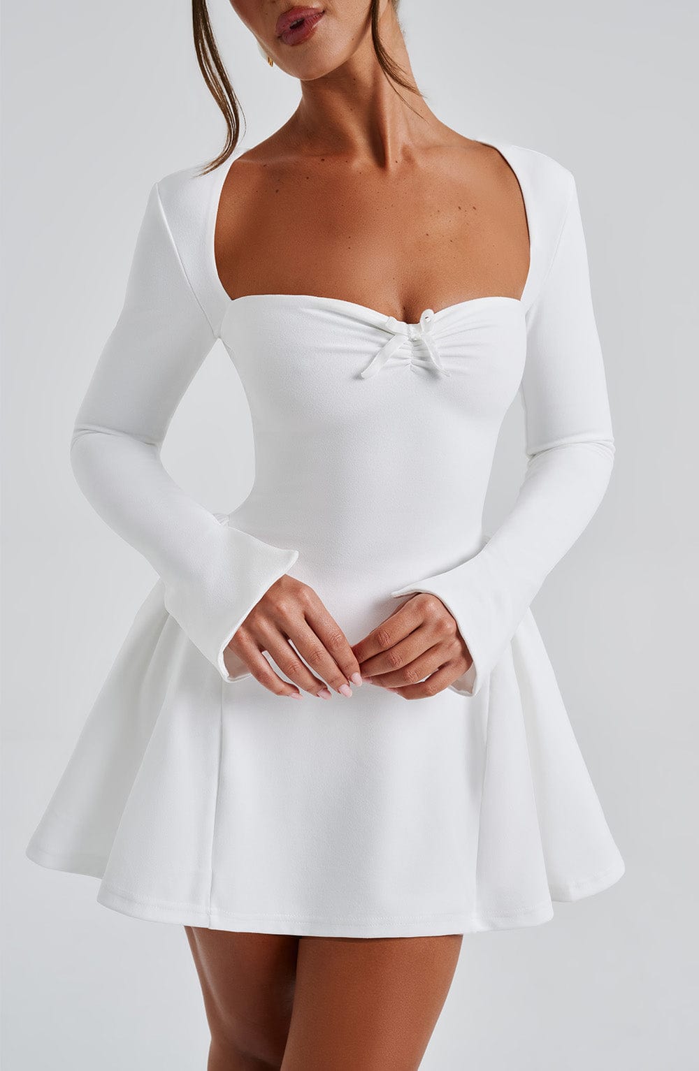 Sweetheart Neck Long Sleeve Knot Bust Flared Skater Mini Dress 5