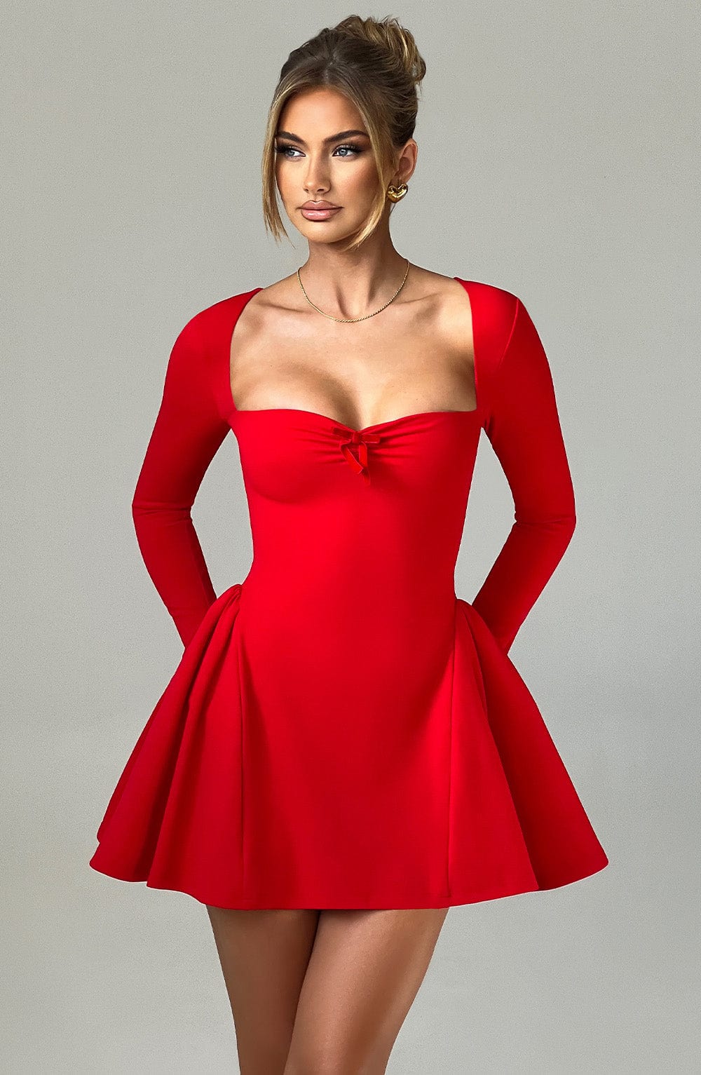 Sweetheart Long Sleeve Bow Fit and Flare Mini Dress 9
