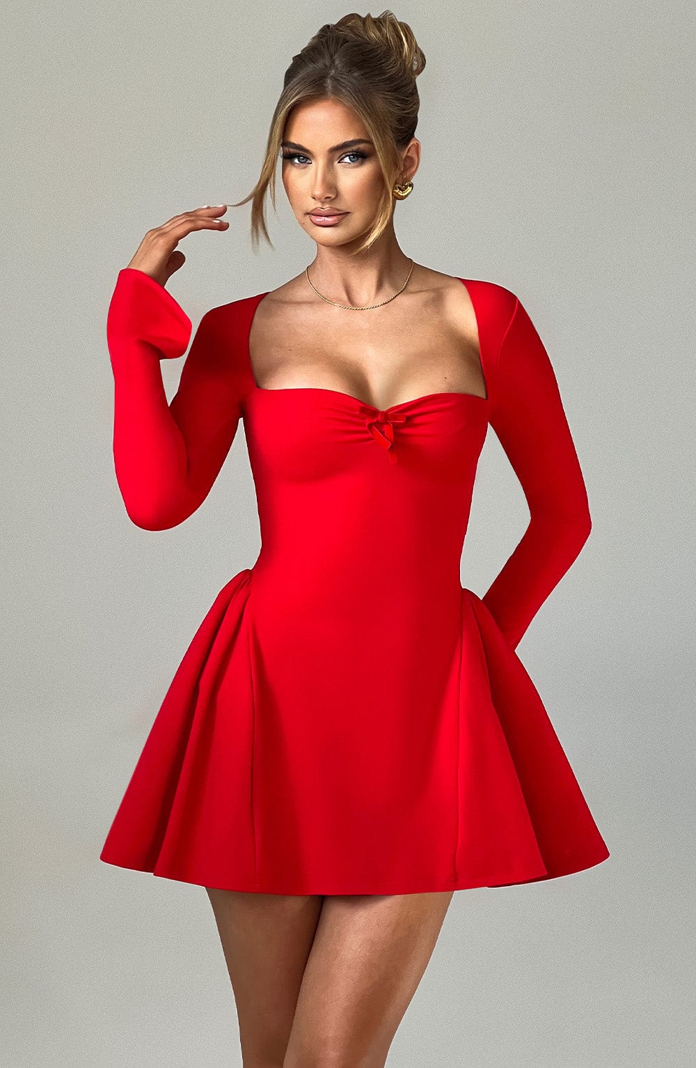 Sweetheart Long Sleeve Bow Fit and Flare Mini Dress 14