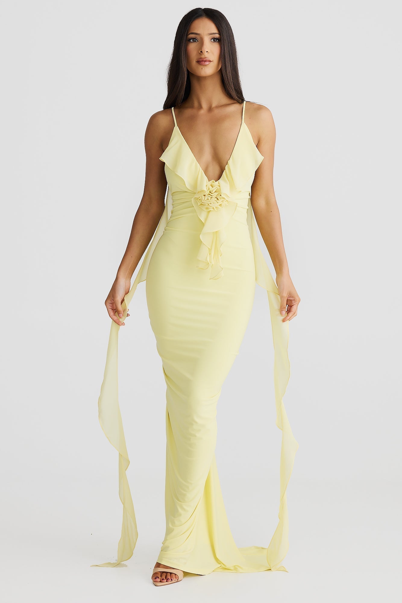 Deep V-Neck Spaghetti Strap Ruffle Mermaid Maxi Gown