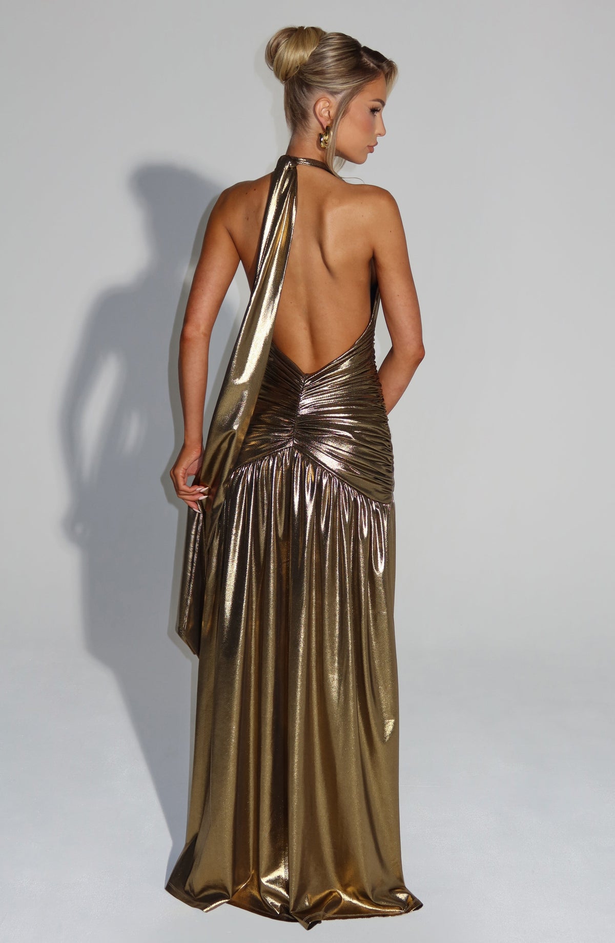 Metallic Halter Plunge Neck Ruched Waist High Split Maxi Dress 4