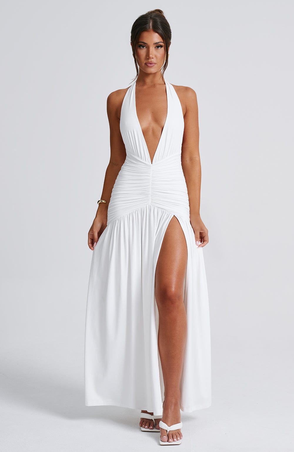 Halter Neck Deep V Ruched High Split Maxi Dress 13