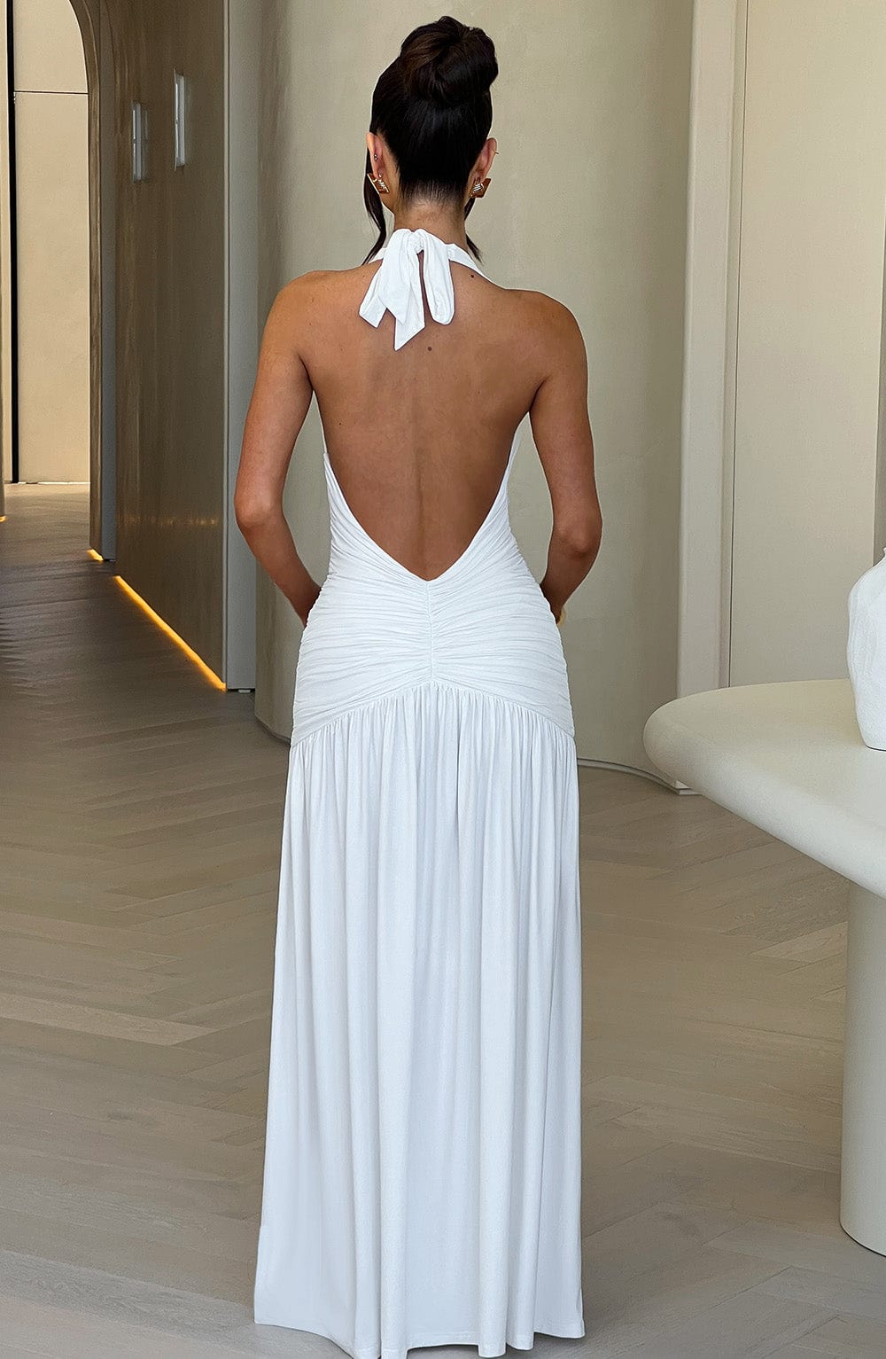 Halter Neck Deep V Ruched High Split Maxi Dress 3