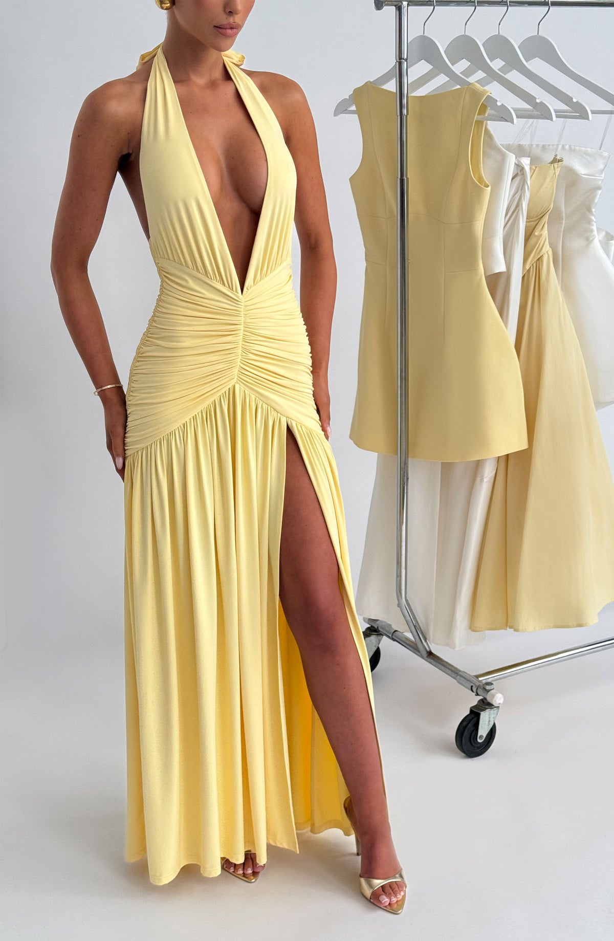 Halter Plunge V-Neck Ruched Waist High Split Flowy Maxi Dress 2