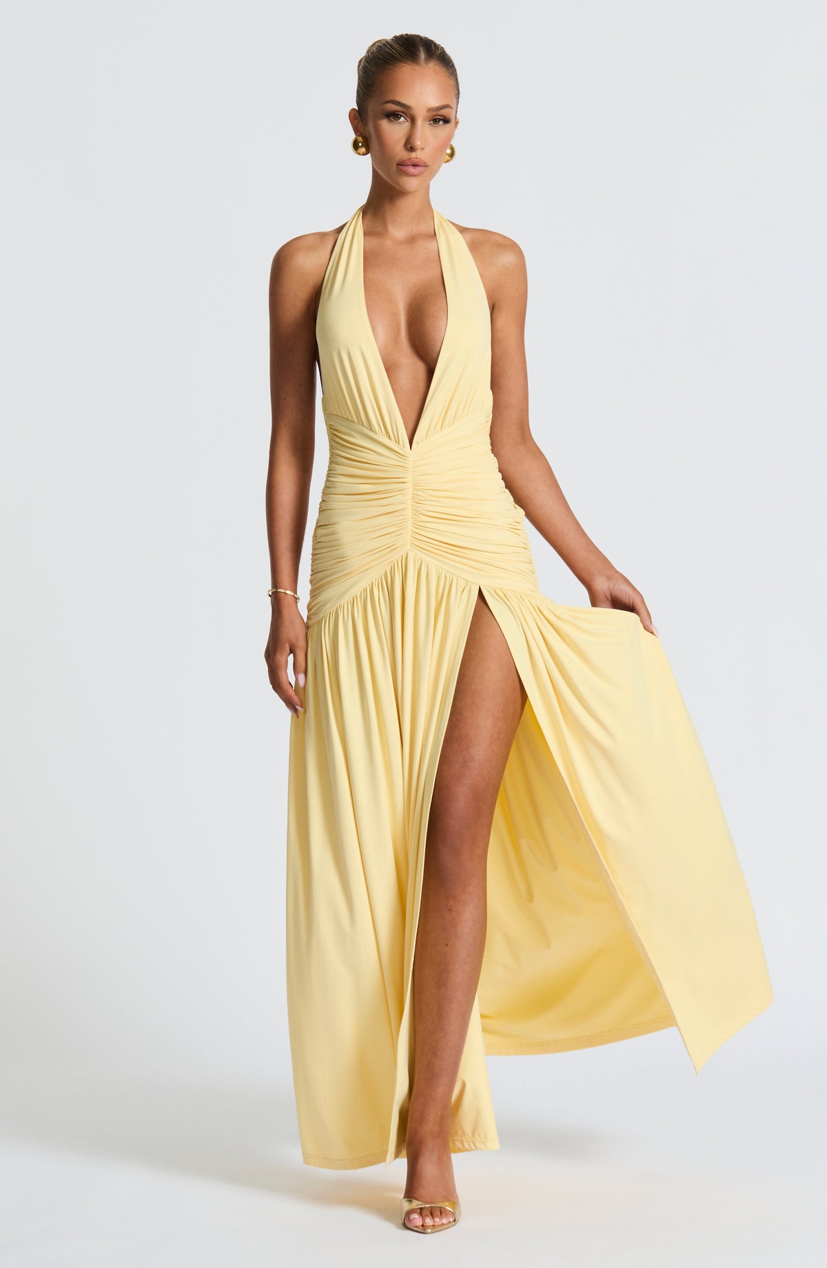 Halter Plunge V-Neck Ruched Waist High Split Flowy Maxi Dress 9