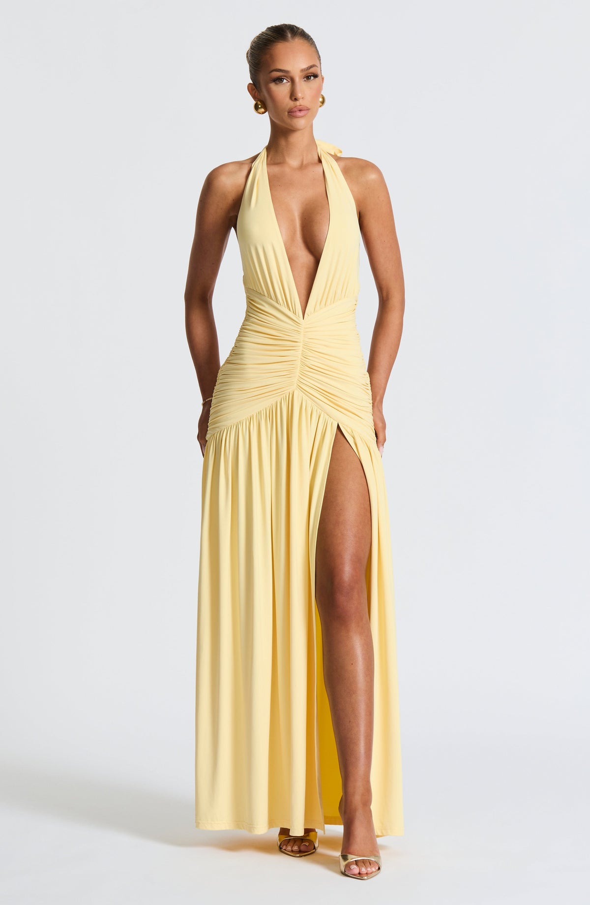 Halter Plunge V-Neck Ruched Waist High Split Flowy Maxi Dress 4