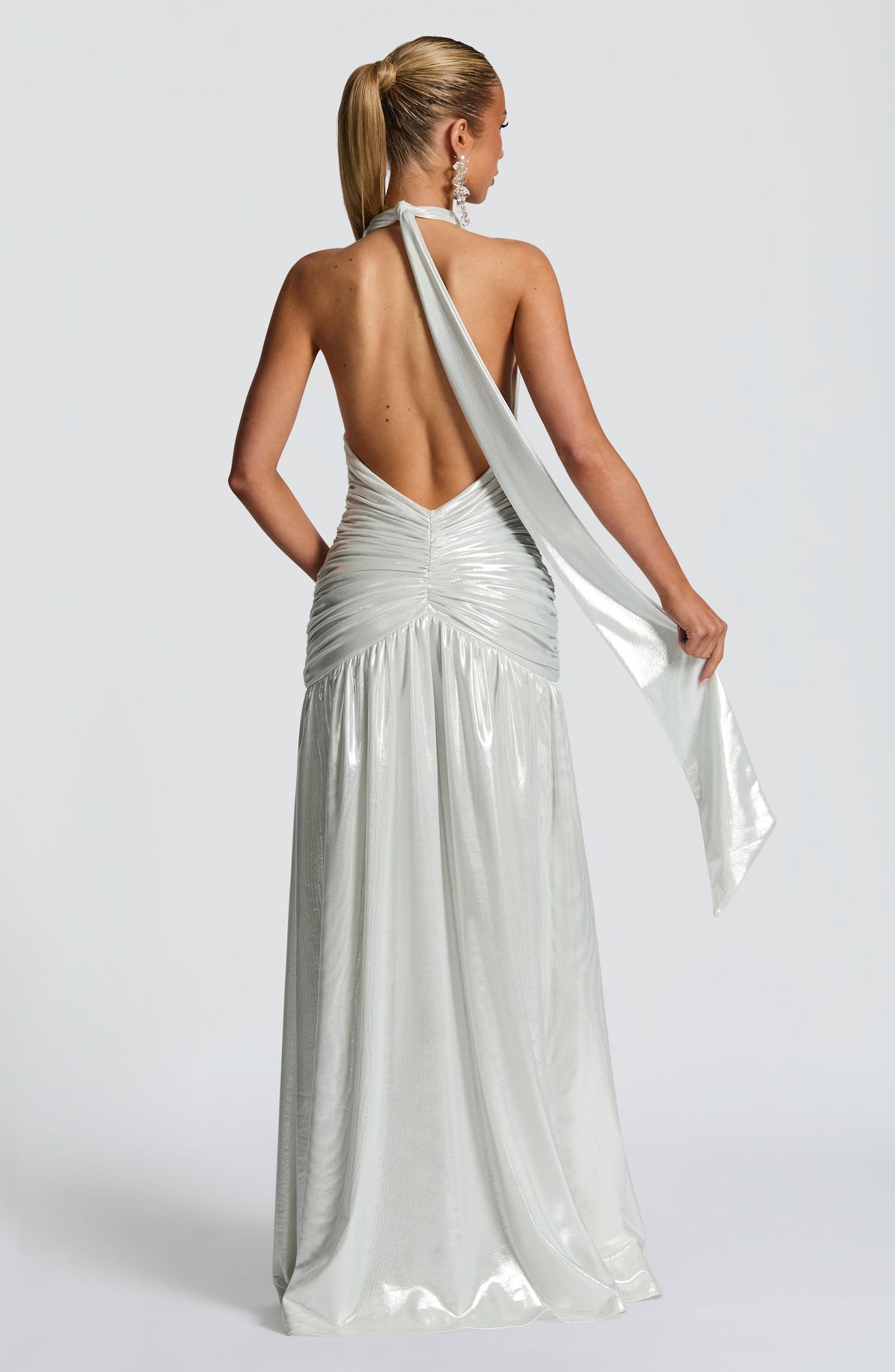 Metallic Plunge Halter Neck Ruched Waist High Split Maxi Gown 4