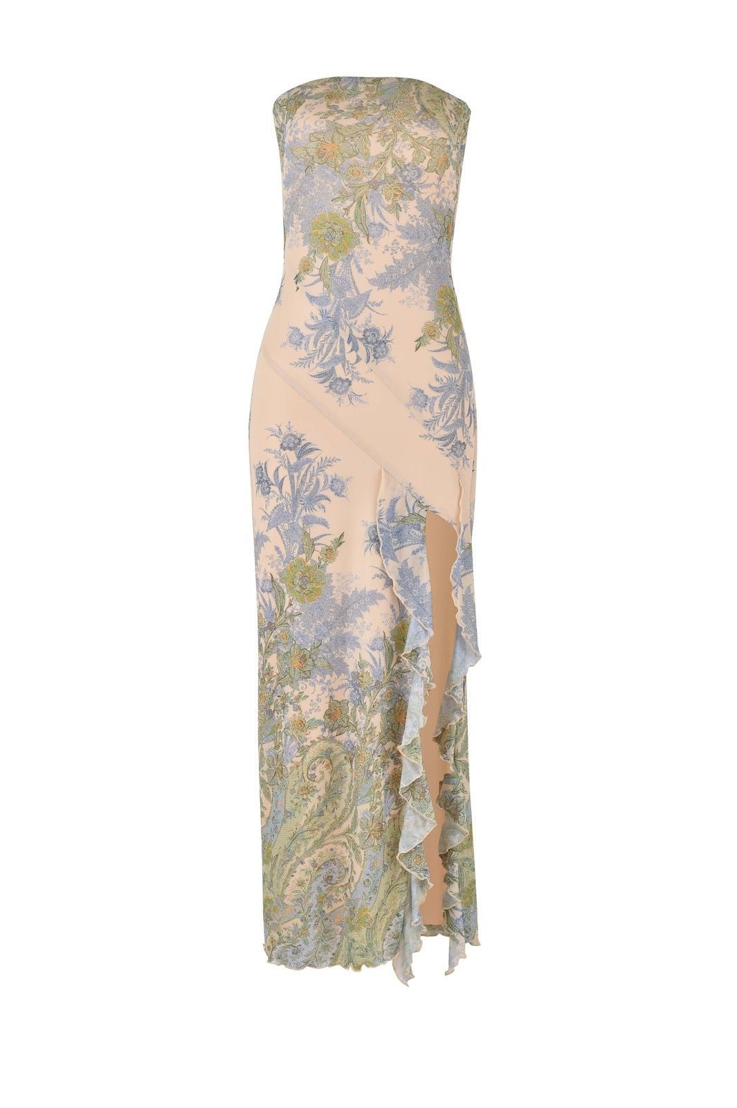 Chic María Eugenia Printed Strapless Midi Dress with Slit Elevated Occasion Wear