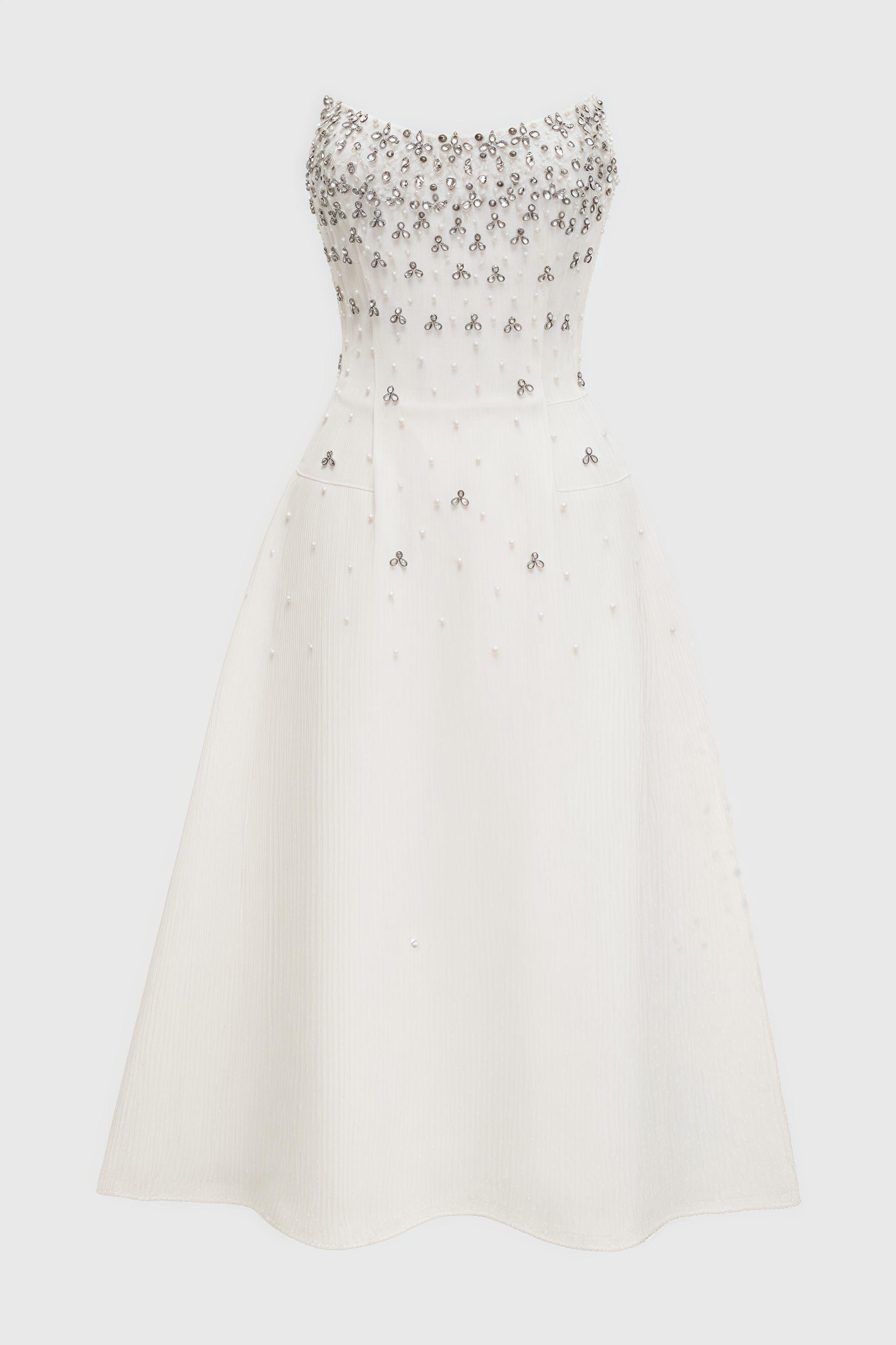 Strapless Beaded Fan Bodice A-Line Midi Dress