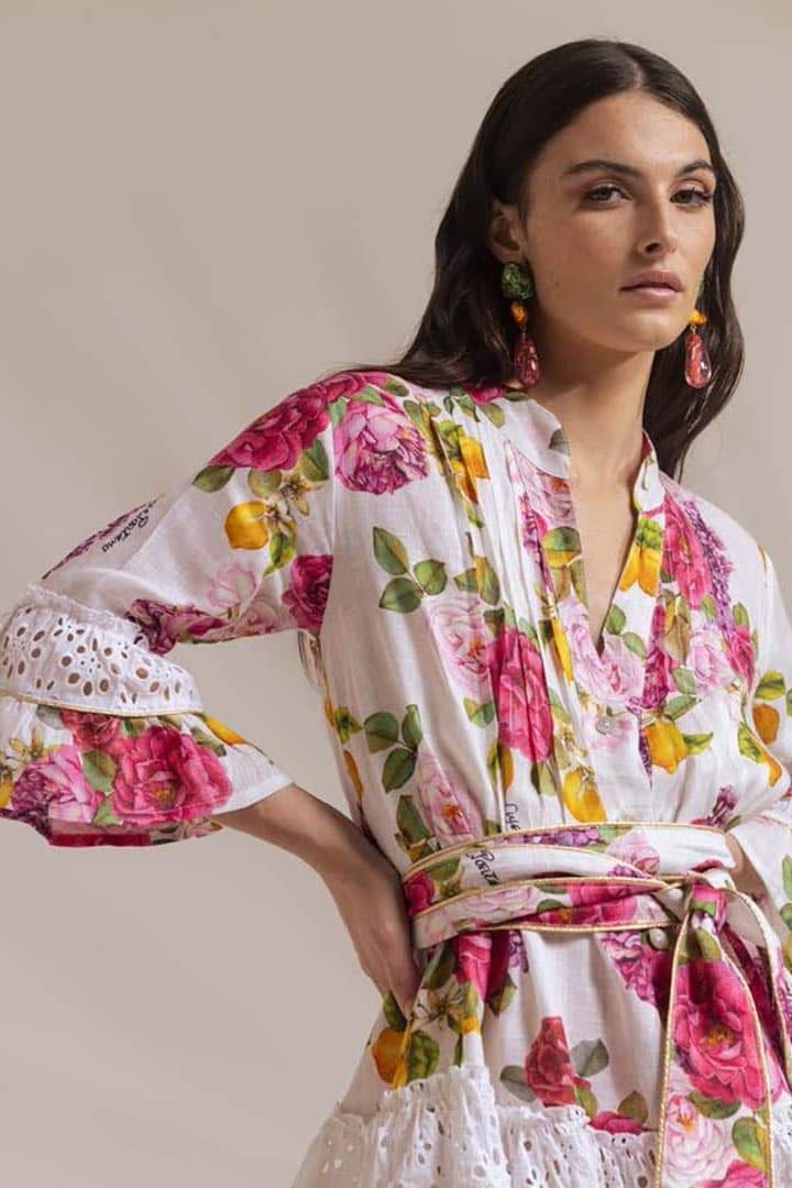 María Boutique José Printed Mini Dress with Ruffles and Lace Trim Statement Occasion Edit