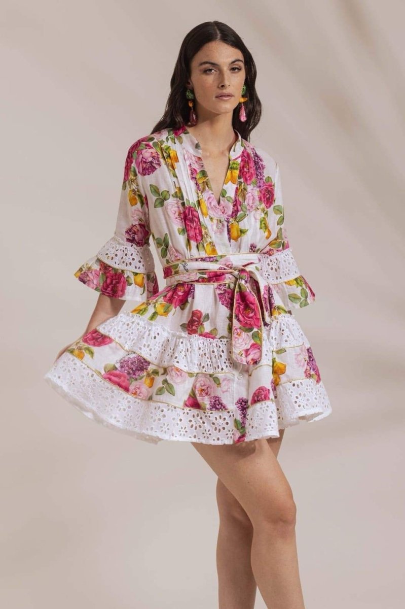 Floral Print V-Neck Pintuck Button Front Eyelet Sleeve Dress 3
