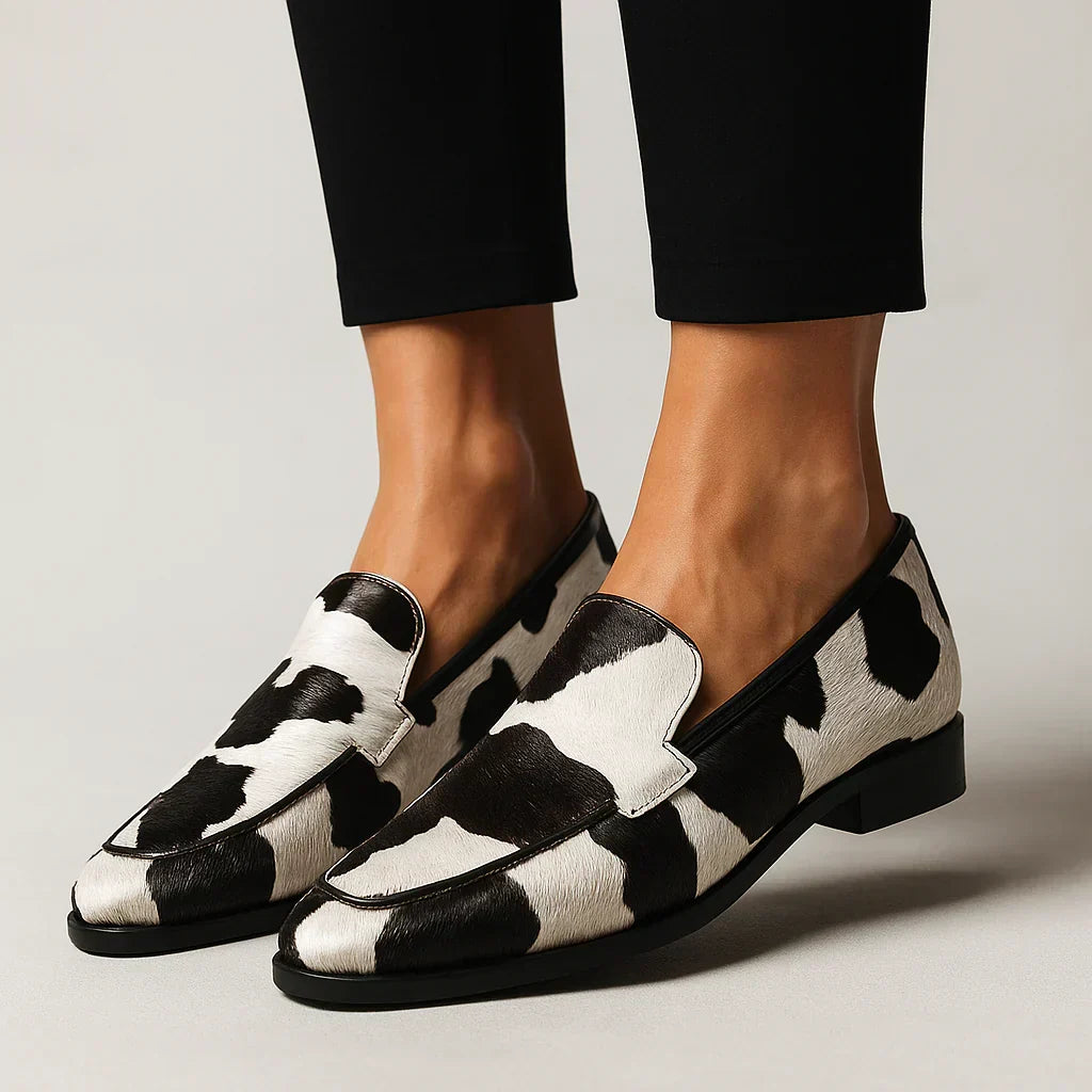 Cow Print Pointed Toe Flat Loafers