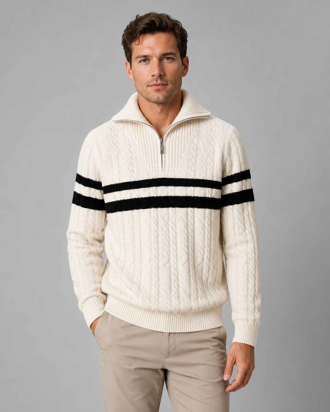 Men's Cable Knit Quarter-Zip Sweater - Stripe Panel