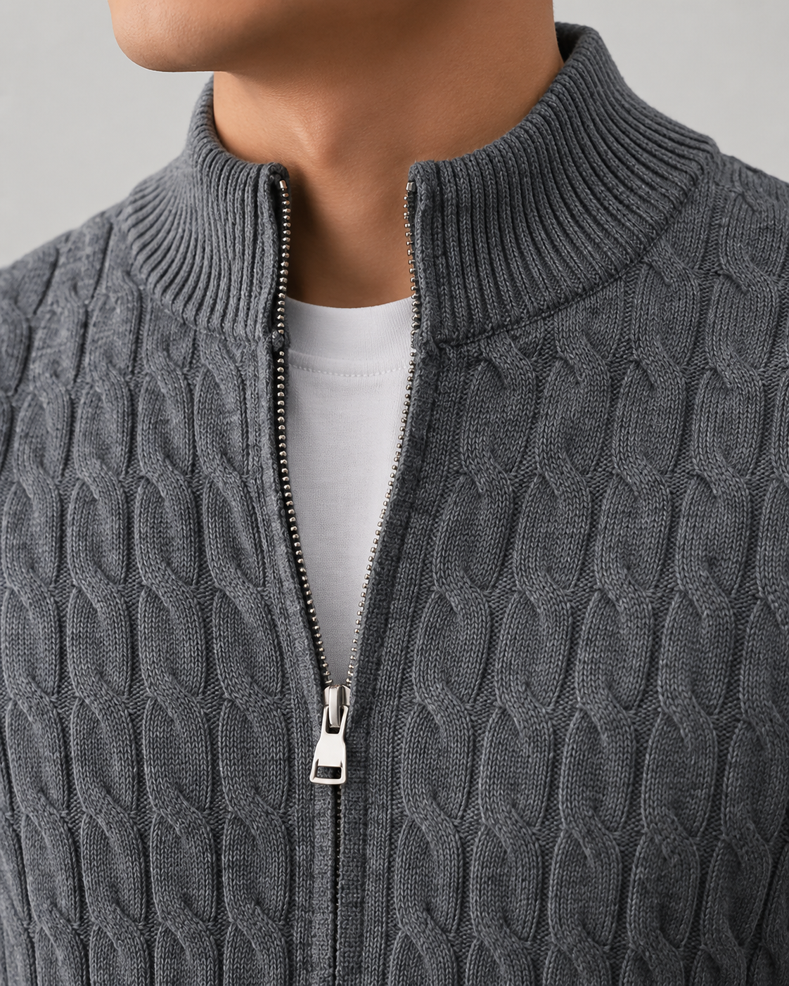 Men's Cable Knit Zip Cardigan with Stand Collar