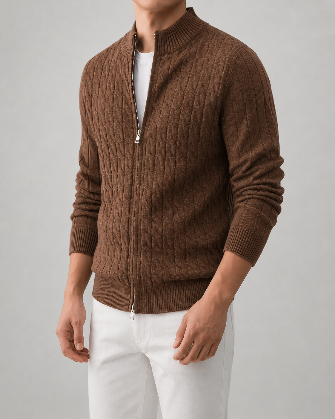 Men's Cable Knit Zip Cardigan with Stand Collar